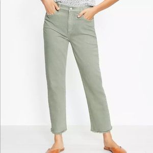 Frayed High Rise Straight Crop Jeans In Soft Moss
